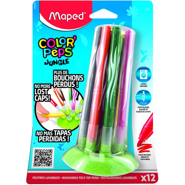 Faserstift-Set - Maped - Color\\\'Peps \\\"Long Life\\\" 12 waschbare Stifte mit Dschungelmotiv und innovativen Kappen