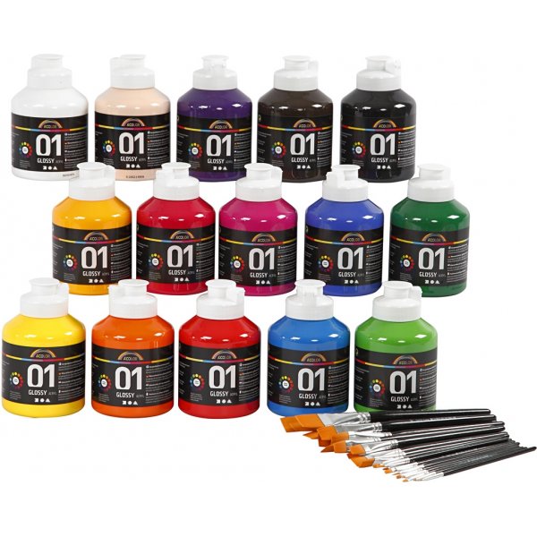 Schulfarbe - Acryl - Set mit Pinseln - gemischte Farben - glänzend Schulfarbe - Acryl - Set mit Pinseln - gemischte Farben - glänzend