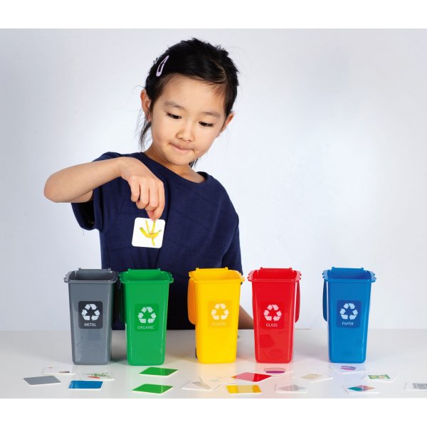 Recyclingspiel mit 5 Mülleimern und Sortierkarten Recyclingspiel mit 5 Mülleimern und Sortierkarten