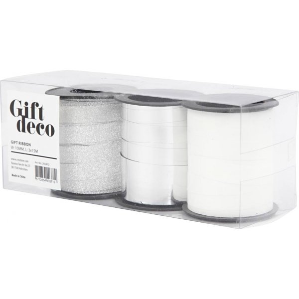 Geschenkkordel - Silber - Silberglitter - Weiß - 3 x 15 m Geschenkkordel - Silber - Silberglitter - Weiß - 3 x 15 m