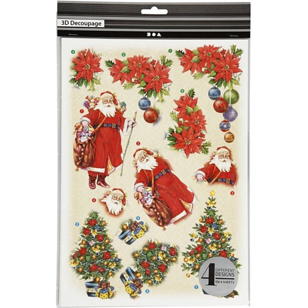 3D-Motiv - Weihnachtsmann und Weihnachtssterne - 4 Blatt 3D-Motiv - Weihnachtsmann und Weihnachtssterne - 4 Blatt