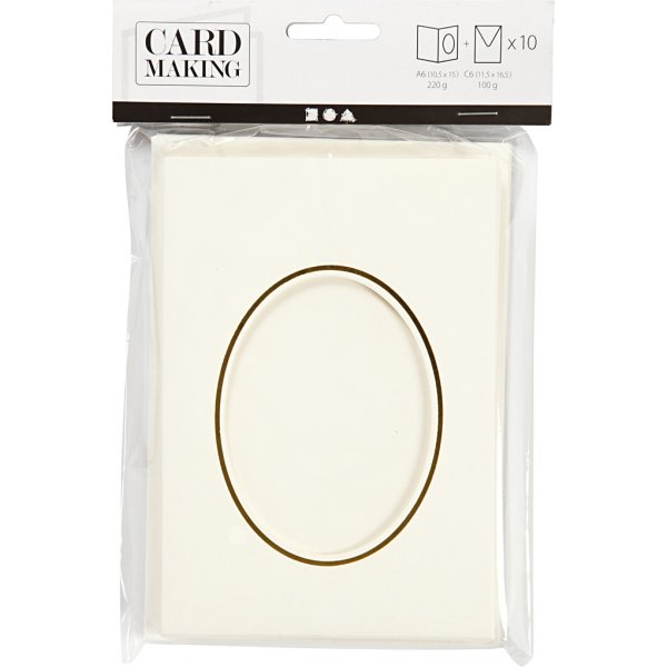 Passepartoutkarte mit Umschlag - gebrochenes Weiß - oval mit Goldrand - 10 Sets Passepartoutkarte mit Umschlag - gebrochenes Weiß - oval mit Goldrand - 10 Sets
