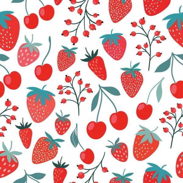 Gemusterter Jersey 145 cm - Erdbeeren und Kirschen Wei