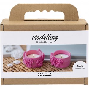 Mini-DIY-Set aus Modelliermasse, Teelichthalter mit rosa Blumen, 2 Stück Mini-DIY-Set aus Modelliermasse, Teelichthalter mit rosa Blumen, 2 Stück
