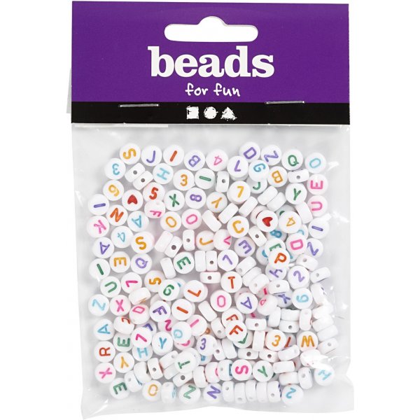 Buchstabenperlen - Weiß/gemischte Farben - Ø7 mm - ca. 200 Stk Buchstabenperlen - Weiß/gemischte Farben - Ø7 mm - ca. 200 Stk