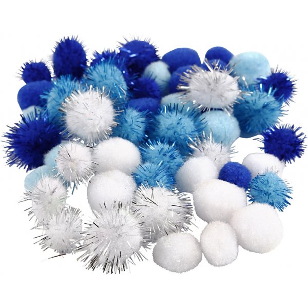 Pompons - Hellblau - Dunkelblau - Wei - 48 Stk